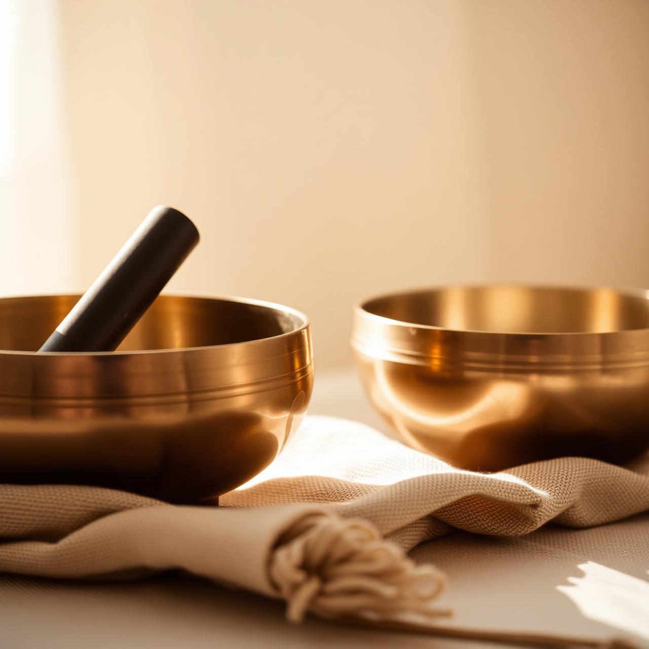 Brass singing bowls on linen