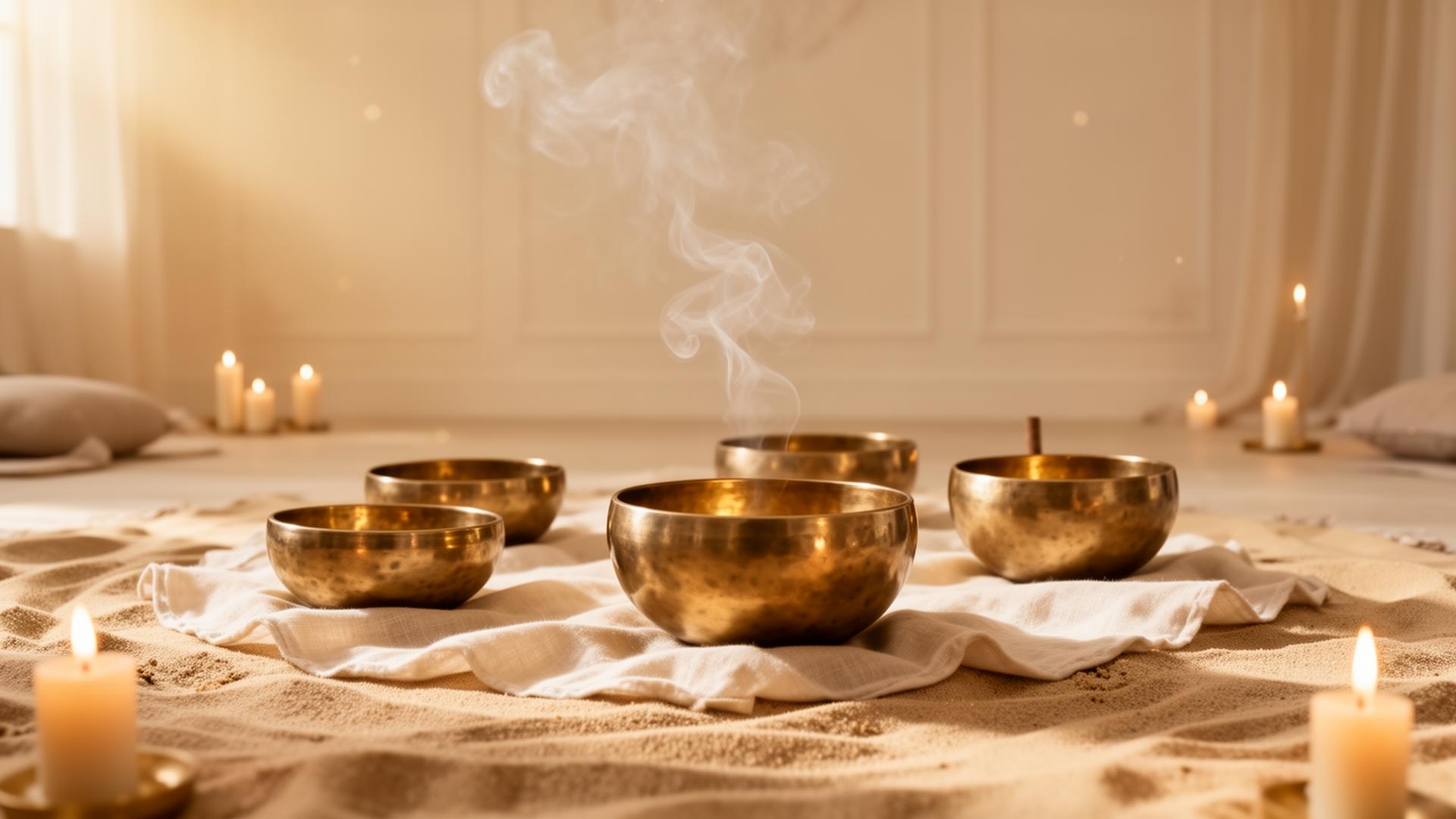 Singing bowls in warm candlelight